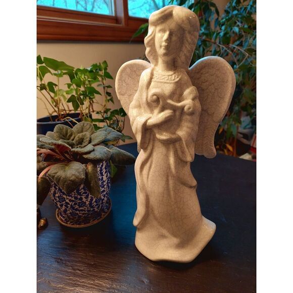 Other - Large Crackle Glaze Ceramic Angel Figurine With‎ Harp And Wings In White